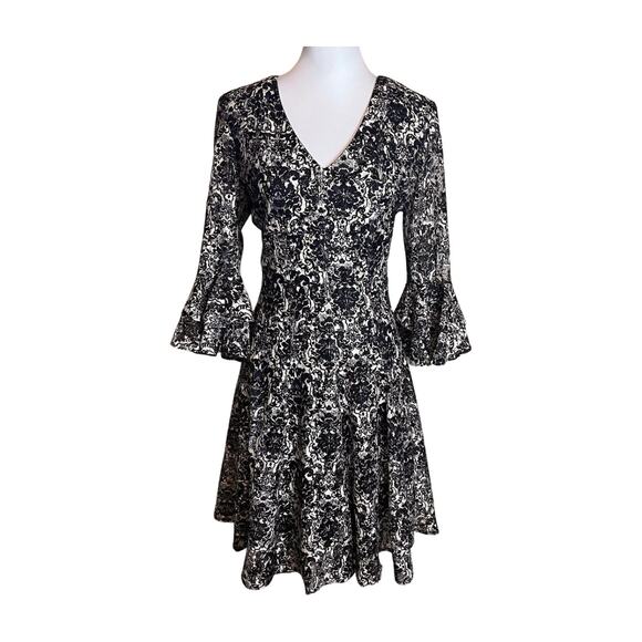 Julian Taylor Black White Brocade Dress Bell Sleeve Fit Flare Gothic Baroque - Picture 2 of 11